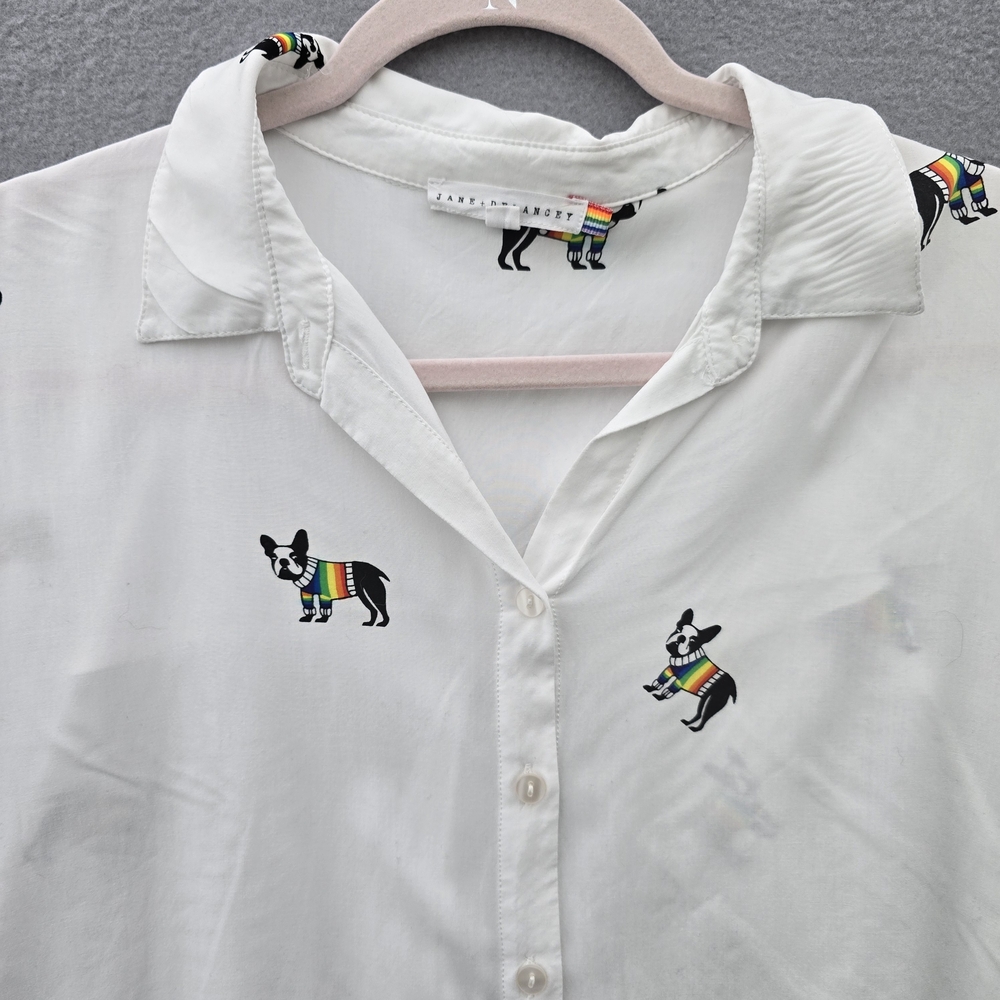 Jane Delancey White Button-Up Cap Sleeves Top with Rainbow Pride Dog Print XL - Picture 2 of 10